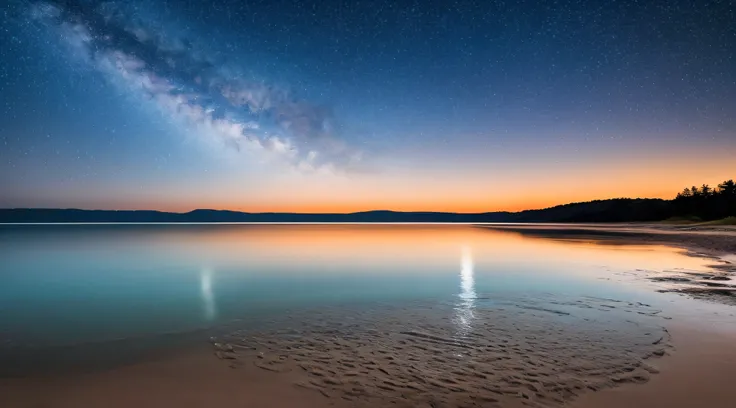 A romantic, starry night sky over a tranquil beach, where gentle waves kiss the shore under the vast expanse of twinkling stars.starry night sky,tranquil beach,gentle waves,kiss the shore,twinkling stars(best quality,4k,8k,highres,masterpiece:1.2),ultra-de...