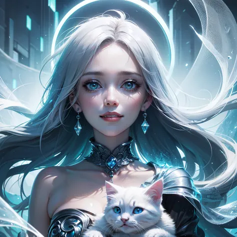 (Beautiful and high-definition CG Unity 8k wallpapers、masutepiece、Best Quality、Floating softly),(Ice Temple、blue lights、depth of fields、White kitten and beauty、Woman staring at cat,Reaching out),(looking happy smile、wide Shots) Glittering ice background