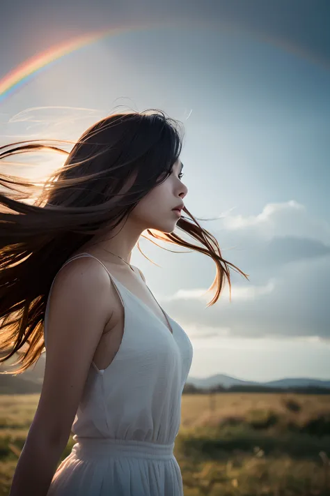 best quality, ultra-detailed, (photorealistic), a woman, hair blowing in the wind, (rainbow in the sky:1.2), extremely delicate and beautiful, depth of field, film grain, professional lighting,