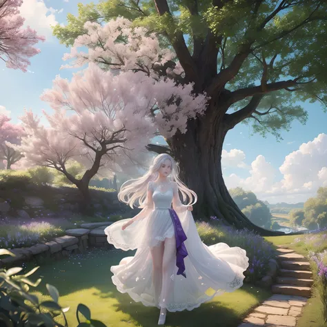 Masterpiece, Best quality, 1girll,  Silver hair, Purple eyes, Long hair,one-girl，grassy，The tree，tree branch，（realistic detail，Natural skin texture），Complicated details，The is very detailed，Ultra photo realsisim，shiny skins，shinny hair，looking at viewert，r...