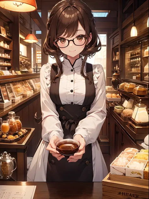 1 female、brown haired(Curta)、Brown eyes、Black-rimmed glasses、Best Quality、ultra-detailliert、8K resolution、Raw photo、masutepiece、gorgeous faces、Perfect body、a smile、tea shop、Reading