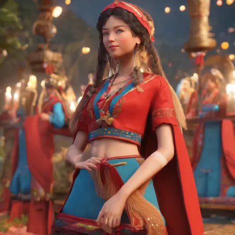 Girl IP，The traditional costume of the She，Her clothes were bluish blue，The garments are mostly self-woven linen，collars、Lace at the cuffs and right placket，Get used to wearing shorts and leggings。Red velvet threads tangled around the hair，Braided into lon...