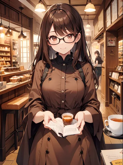 1 female、brown haired(Curta)、Brown eyes、Black-rimmed glasses、Best Quality、ultra-detailliert、8K resolution、Raw photo、masutepiece、gorgeous faces、Perfect body、a smile、tea shop、Reading