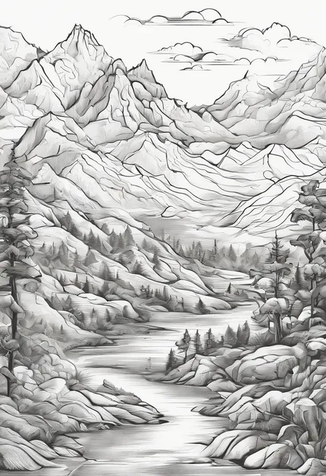 mountain peaks，flowingwater，waterfallr，teacup，Clouds，handpainted，black andwhite，illustration，China-style，Large length，Creative writing，New Chinese，k hd，Be detailed，A high resolution，8K