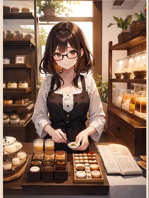 1 female、brown haired(Curta)、Brown eyes、Black-rimmed glasses、Best Quality、ultra-detailliert、8K resolution、Raw photo、masutepiece、gorgeous faces、Perfect body、a smile、tea shop、Reading