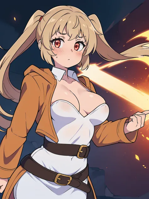 (((kipteitei art))), Masterpiece, high quality, best quality, beautiful, HD, perfect lighting, detailed face, detailed body, ((1girl)), ((solo)), small breasts, cleavage, ((((sagging breasts)))), soft body, twintails, light brown hair, blushing, worried, l...