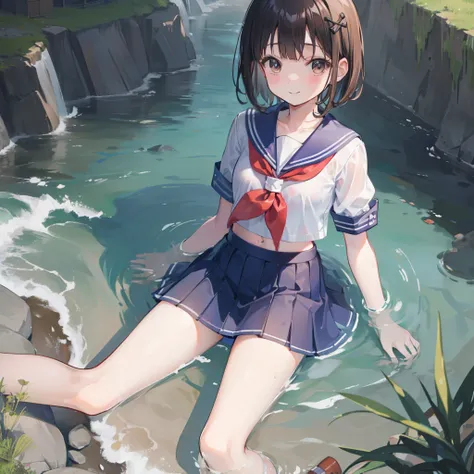 small loli，Sailor One Piece，a short skirt、Wet、dry river bed、Waist-deep in water、Brown bob hair、Refreshing breeze、5 head body、a smile、