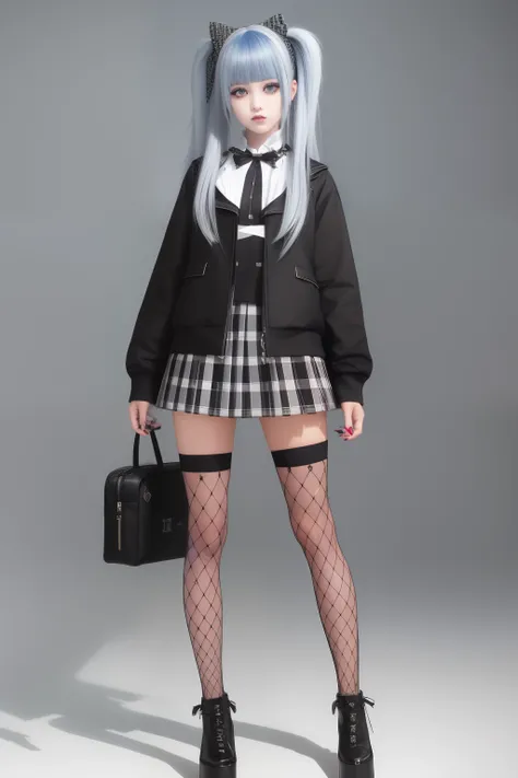 Full body image, punk-goth, schoolgirl chic, Blue Streaks, one cute bag ((hair color is combination of black and white hair)), long hair, straight hair, green skin, big eyesplaid skirt, stripe blouse, Checkerboard Bow, Stitched Jacket, Black Vest, Knee-Hig...