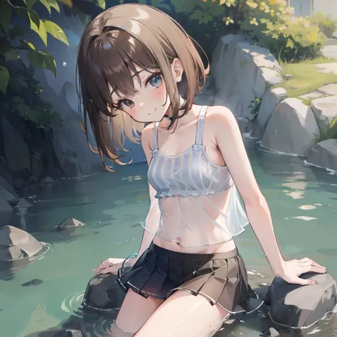 small loli，Wet tank top、 Sheer are visible、Wet mini skirt、You can see through the panties、dry river bed、Rock、Waist-deep in water、Brown bob hair、Refreshing breeze、5 head body、A smile、striped panties