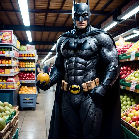 Batman buying fruit from market , fullbody , hyper realistic image