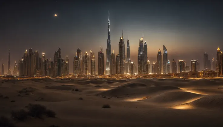 Dubai architectural style, Desert background, the night, starrysky, Grand, surrealism, Masterpiece, A high resolution, 16k, Super detail, ccurate, A high resolution, High details