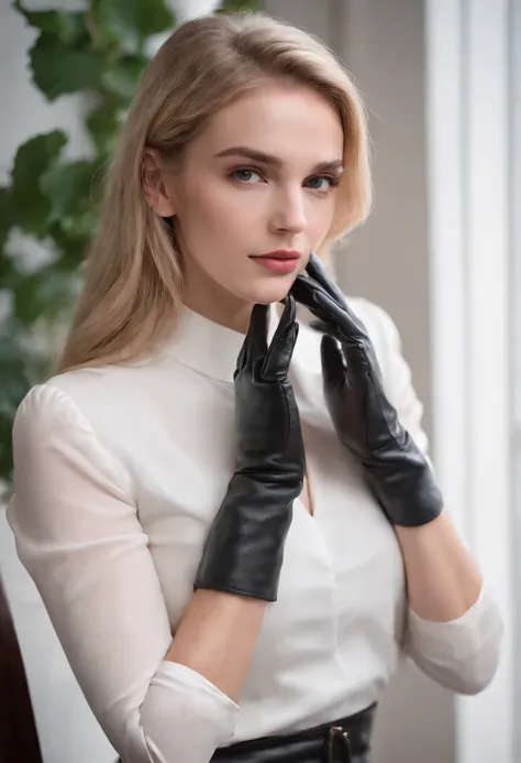 Black leather gloves with five fingers in both hands, black leather tight skirt, white blouse, black leather long boots, sit on a leather chair with her feet aligned, both hands of leather gloves are aligned on her knees, American blonde girl actress with ...