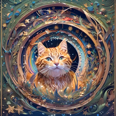 ((((masterpiece))), best quality, illustrations, beautiful details glow,paper_cut, The cat cat is traveling through the time tunnel ,rainbow style，The stars twinkle