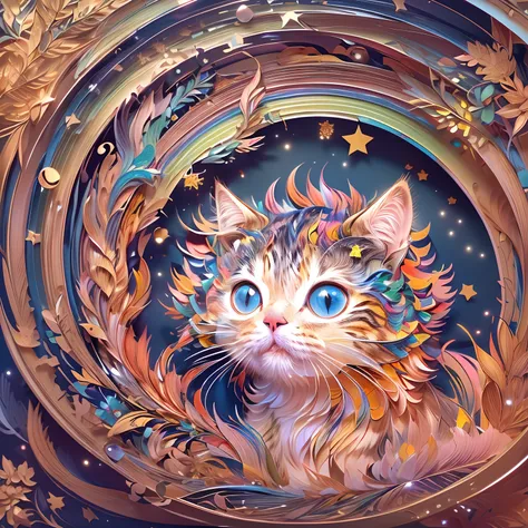 ((((masterpiece))), best quality, illustrations, beautiful details glow,paper_cut, The cat cat is traveling through the time tunnel ,rainbow style，The stars twinkle