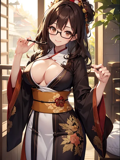 1 female、brown haired(Curta)、Brown eyes、Black-rimmed glasses、Best Quality、ultra-detailliert、8K resolution、Raw photo、masutepiece、seductive boobs、gorgeous faces、Perfect body、a smile、kimono