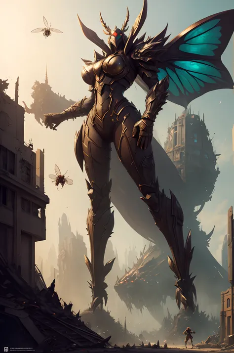 destroyed city，Anthropomorphism of giant insects，Insect animal humanoid woman，Prepare an attack stance，Face it positively, hyper-detailed fantasy character, beautiful full-body concept art, Amazing 8K character concept art, detailed full-body concept, Pete...