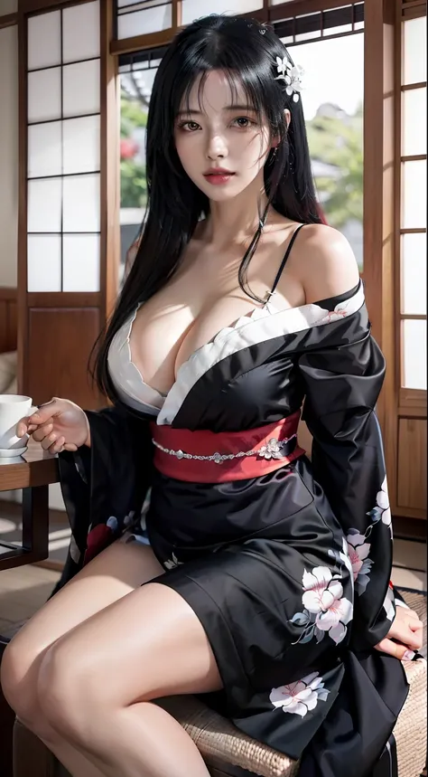 there is a woman in a black and white dress sitting on a chair, japanese goddess, seductive anime girl, beautiful alluring anime woman, seductive tifa lockhart portrait, in kimono, in a kimono, smooth anime cg art, trending on cgstation, beautiful digital ...