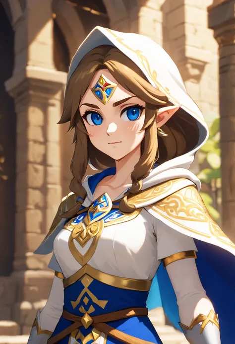 Full body shot of Princess Zelda, Brown hair, Blue eyes, Dress up《assassins creed》Assassins in , In white+Gold with white mask and hood with gold details, Oversized bust, Use a wrist blade. Background: Renaissance city. Unreal Engine 5, anime big breast, A...