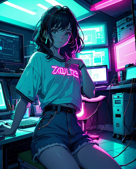 Teenager sitting in a chair in a very messy room fiddling with the computer, 80s style environment decoration, roupas pretas e curtas, apenas luzes neon verdes, High quality neon lighting, cinematic lighthing, alta qualidade, 8k