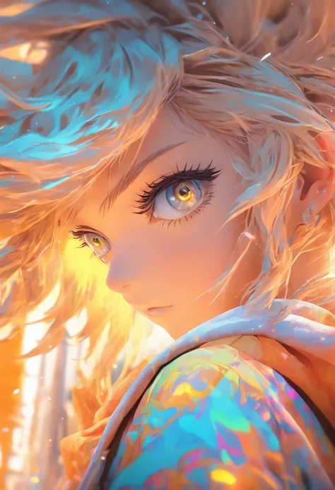 Top quality, Masterpiece, high resolution, 8K, Hoodie and anime style girl, One girl, detailed line art, Bright white and bright amber style, Digital enhancement, Close up, Anime core, Flowing fabric