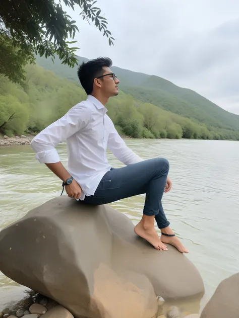 there is a man sitting on a rock by the water, river in front of him, taken with sony alpha 9, shot on nikon z9, sitting near a river, photo taken with canon 5d, in a scenic background, casual photography, sitting in front of a lake, shot on canon eos r5, ...