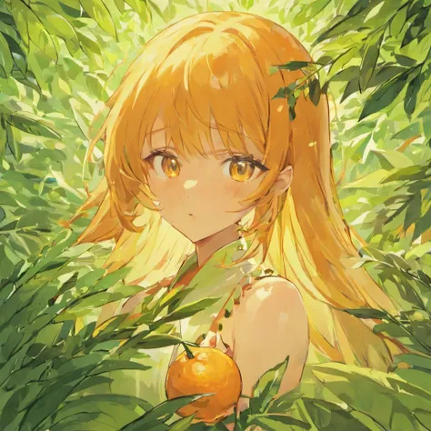 A bunch of oranges with leaves，There is a partial incision，minimalistic background，Realisticstyle，Juice flowes，Orange-yellow。Shiny