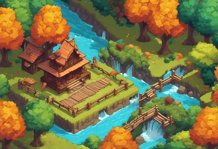 16-bit, 16-bit gaming, Pixel art, Japanese RPG battle scene, 80s games, Monster, ln the forest，Autumn scene，Small river，European-style countryside，Tano，