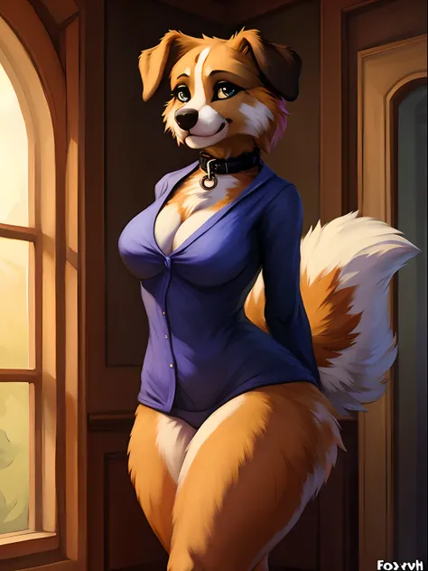 [(by foxovh:1.2), (hi res), ((masterpiece)), ((best quality)), (anthro:1.2), detailed eyes, one female, Furry girl anthro, anthro, furry, girl, tail,  (Australian shepherd:1.2):4,  ass focus, submissive pose, collar, (large hips, thick thigh),  (large thig...