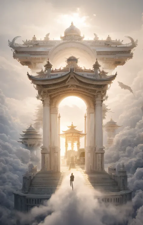 There was a man in the cloud standing in front of the door, iintricate、Epic composition, highly detailed surreal vfx, elaborate matte painting, heaven gate, extravagant matte painting, heaven gate, Realism | beeple, entrance to ethereal realm, beeple and m...