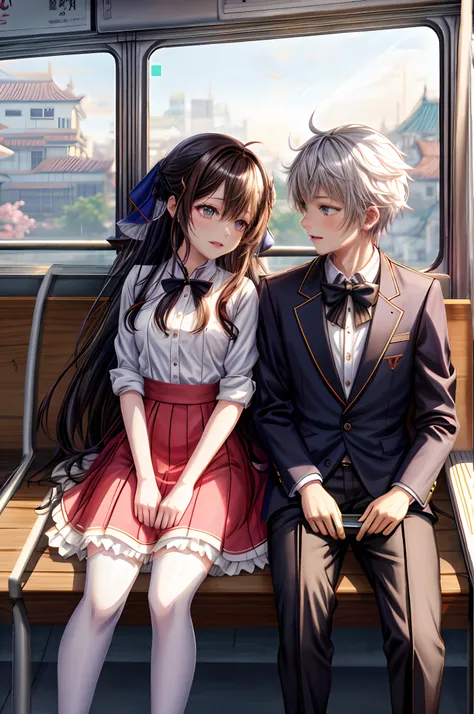 anime couple sitting on a bus together in the city, by Lü Ji, wlop painting style, art of wlop, by WLOP, by Tang Di, urban fantasy romance book cover, wlop art, by An Zhengwen, cgsociety 9, by Li Di, by Yao Tingmei, artgerm and ilya kushinov, sleep with lo...