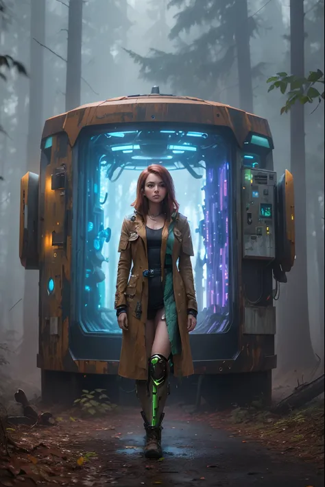 A Rusty & broken, Massively sized  Time Machine in a foggy forest covered by dead brush. A very attractive and futuristically half dressed time traveler (half android) woman ((shinny clothing and time travel accessories)) stands sadly beside the broken Tim...