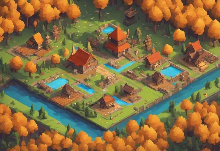 16-bit, 16-bit gaming, Pixel art, Japanese RPG battle scene, 80s games, Monster, ln the forest，Autumn scene，Small river，European country style，Town, load, Car, Pixel art, points, Quarter view, iso-distance view,