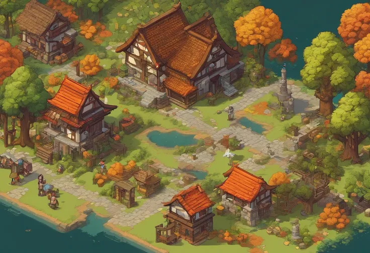 16-bit, 16-bit gaming, Pixel art, Japanese RPG battle scene, 80s games, Monster, ln the forest，Autumn scene，Small river，European country style，Town, load, Car, Pixel art, points, Quarter view, iso-distance view,