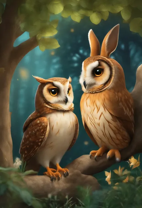 插圖: The wise owl and the curious rabbit talking under a tree.