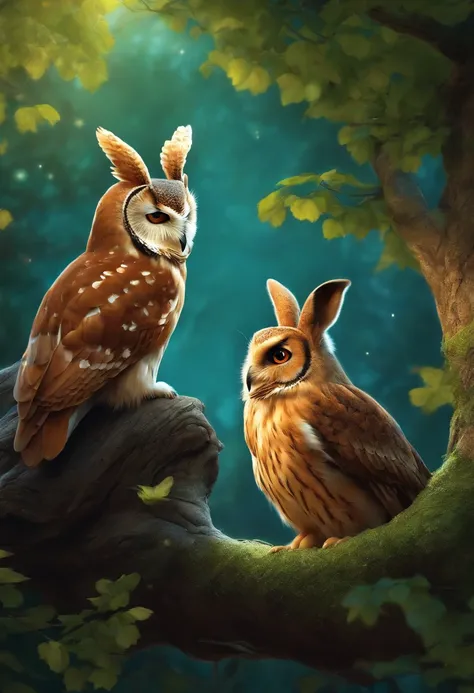 插圖: The wise owl and the curious rabbit talking under a tree.