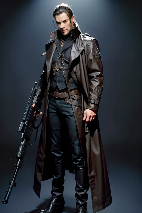 Demon hunter, Full body like, With a short gun，Diablo style, male people，Vintage trench coat，Trench coat with lapels， metal decoration，Pirate outfit，thongs，mistic，cowboys，With a short gun， hyper HD, Masterpiece, Textured skin, Anatomically correct, Best qu...