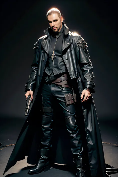 Demon hunter, Full body like, Diablo style, male people, Magic，Vintage trench coat，Leather clothes，Trench coat with lapels， metal decoration，With a short gun, hyper HD, Masterpiece, Textured skin, Anatomically correct, Best quality