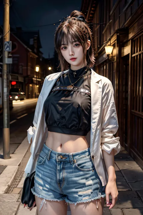 ((medium breast, tomboy girls, small head)), daylight, sunlight, (chiseled abs : 1.1), (perfect body : 1.1), (short wavy hair : 1.2) , auburn hair, collar, chain, full body shot, crowded street, wearing black tanktop, jeans jacket, ((shorts)), (extremely d...