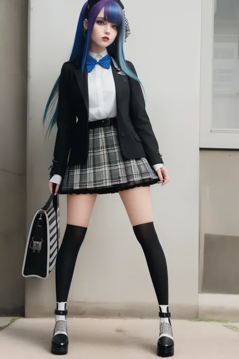 Full body image, punk-goth, schoolgirl chic, Blue Streaks, one cute bag ((hair color is combination of black and white hair)), long hair, straight hair, green skin, big eyesplaid skirt, stripe blouse, Checkerboard Bow, Stitched Jacket, Black Vest, Knee-Hig...