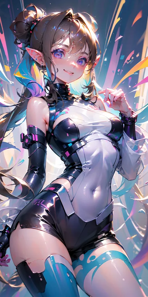 1 girl, pastelcolor, A brown-haired, Violet eyes, Hair up to the shoulders, ears of elf, Cyberpunk clothes, Shoulders open, Hands open, Slimming the waist, A happy smile with a long tongue sticking out, Long tongue, whole-length, legsupms, Reference, Anime...