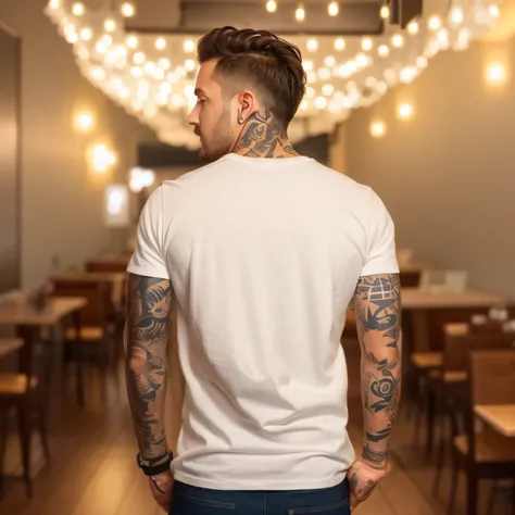 arafed man with tattoos standing in a restaurant with lights, man in white t - shirt, with his back turned, his back is turned, plain white tshirt, from the back, backshot, from back, arms behind back, full growth from the back, with his back to the viewer...