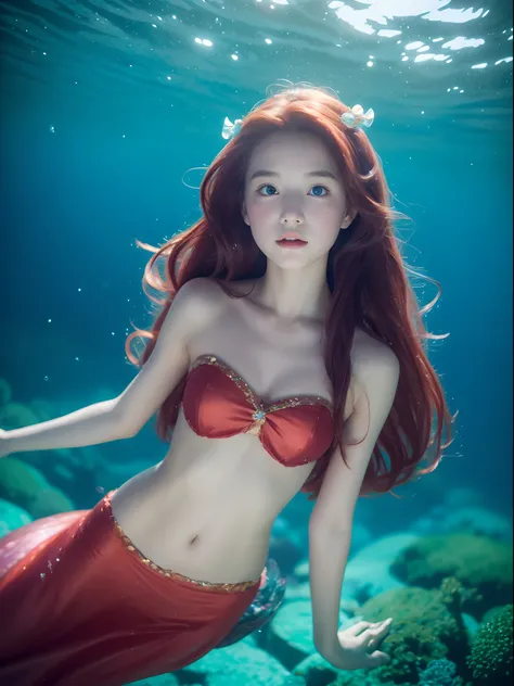 8K、Girl dressed as The Little Mermaid Underwater - Sea、mermaid、12-year-old beautiful girl、