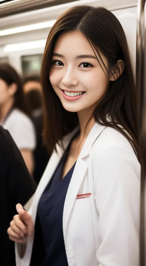 Hostess in Ginza、White nurse uniform、hiquality、A hyper-realistic、healthy、Smiling expression、Slender perfect figure、Japan beauties、beautidful eyes、face perfect、Beautiful skin、In a crowded train、Crowds