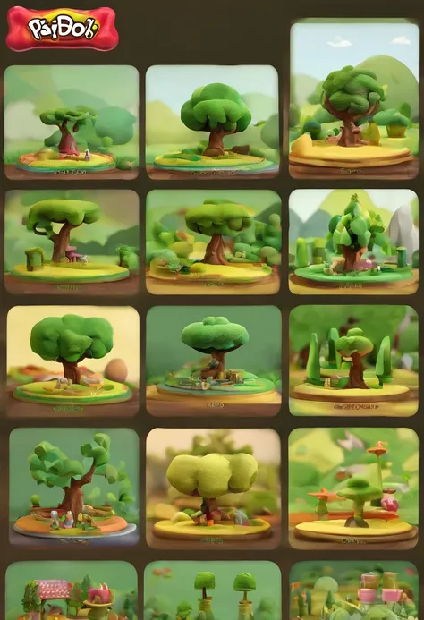 Game scene design，Game architecture design，cartoonish style，claymation style，ultra - detailed,Best quality，tmasterpiece，the trees， grassy fields，Floor tiles，massif，chests，rios，casual game style，3D