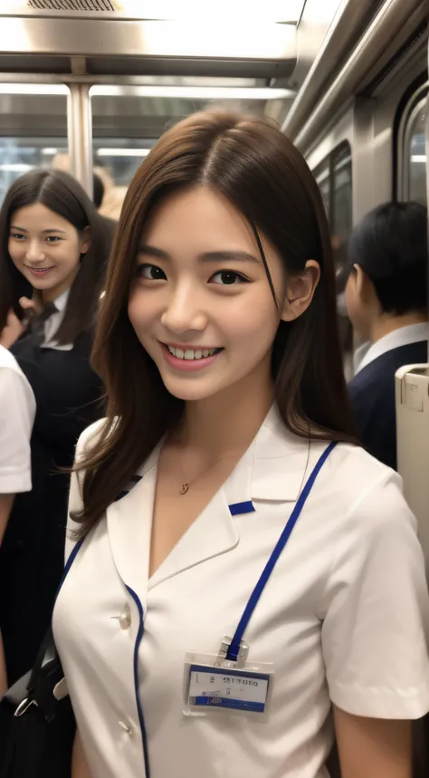 Hostess in Ginza、White nurse uniform、hiquality、A hyper-realistic、healthy、Smiling expression、Slender perfect figure、Japan beauties、beautidful eyes、face perfect、Beautiful skin、In a crowded train、Crowds