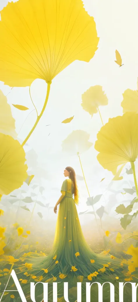 A woman in a green dress stands, Stand gracefully on the pile of dead leaves, yellow aura, beautiful yellow woman, Ethereal!!!, a goddess in a field of flowers, Ethereal!!!!!!!, The yellow shade is reverent and ethereal,