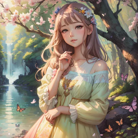 In front of the waterfall stands a girl in a dress, Guviz-style artwork, a beautiful anime portrait, Fantasy art style, Cute detailed digital art, Beautiful anime girl, Beautiful digital illustration, Anime fantasy illustration, Guweiz in Pixiv ArtStation,...