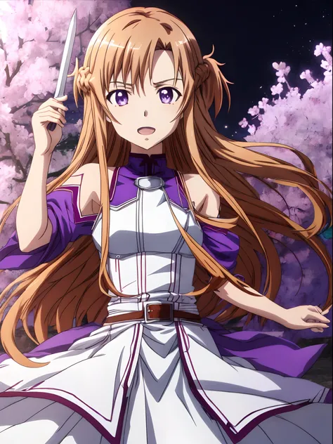 best pictures,Yuuki Asuna , super precision、Thrusting sword、[3D images:1.25]、(In high-quality anime、Cute Asuna with brown hair and brown eyes:1.15)、Facing、(Alice fell into the darkness with purple hair and purple eyes),[[Attractive eyes,A detailed eye、radi...