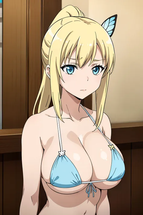 seina kashiwazaki, 1girl in, a blond, ponytail, butterfly hair ornament, (huge breast), light blue micro bikini, (upper body:1.5...