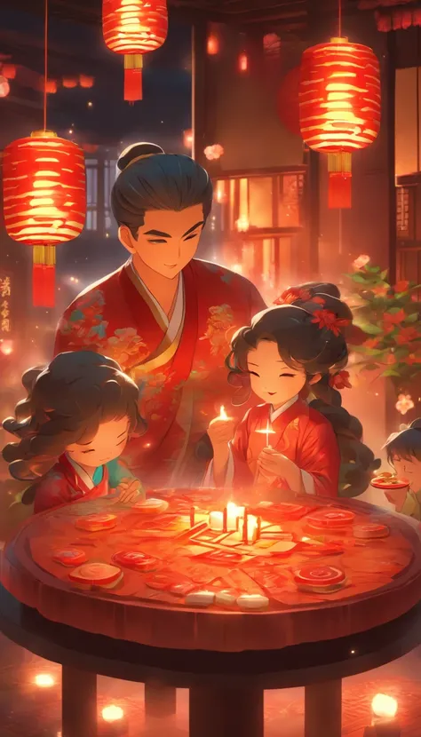 A family of three eating mooncakes，Happy expressions of parents and children，There are mooncakes on the table, Food in hand, The round moon hangs high with lanterns,Chinese style painting, exciting illustration， HD8K, Rich plot, intricate background, Rich ...